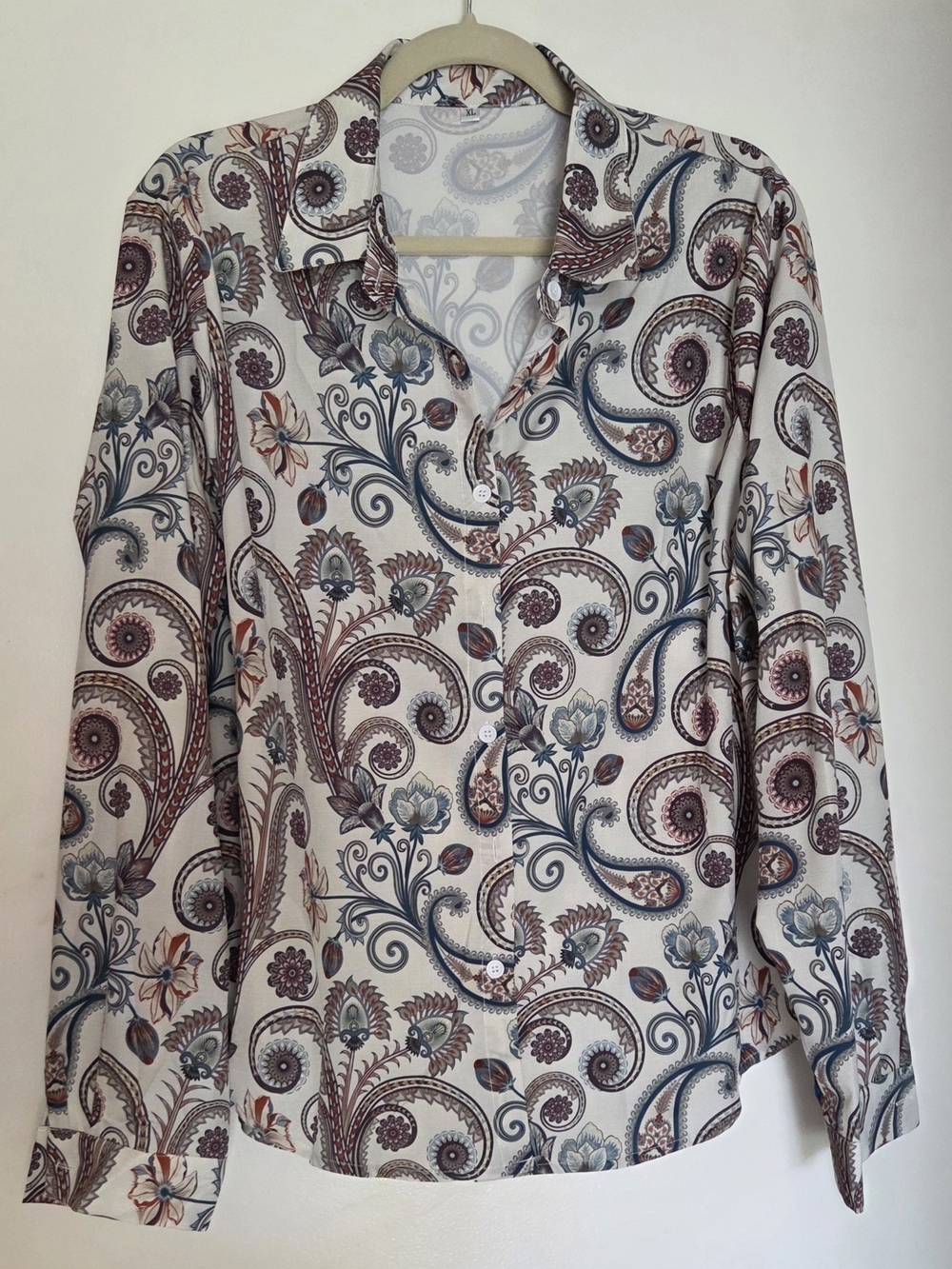 Paisley Button-Up Blouse — White with Blue & Brown Floral Print
